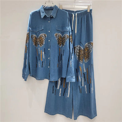 ANJY Autumn New Women Chic Two-Piece Set Studded Diamonds Streetwear Denim Shirt Drawstring Straight Elegant Casual Pants  A9654