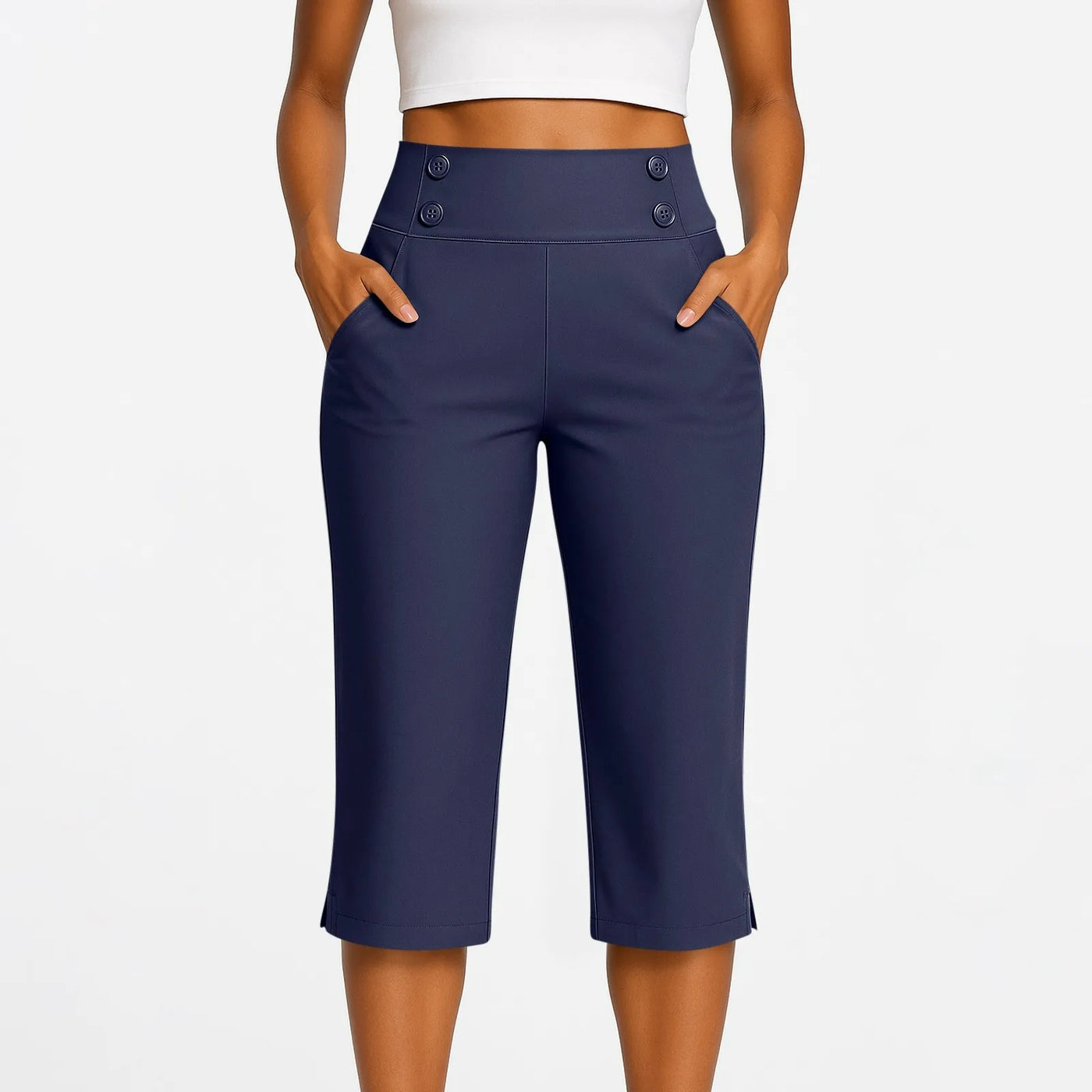 Women Elastic High Waist 3/4 Pant Casual Active Fit Wide Capris Leg Pants Trousers With Pockets Pants Woman брюки женские