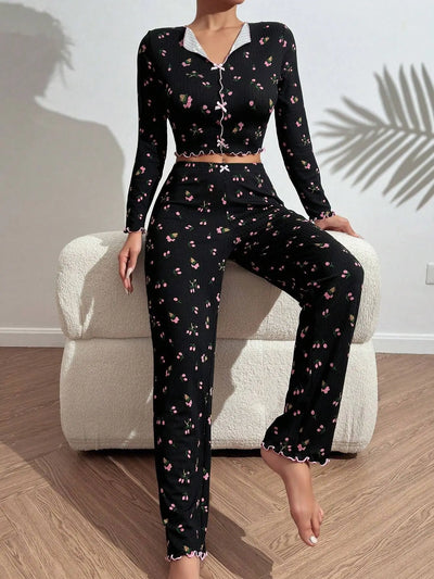 European and American hot-selling loungewear printed trousers long sleeves can be worn outside women's pajamas two-piece set