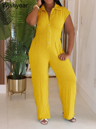 Women Casual Ribbing Loose Straight Jumpsuit Sleeveless Button High Waist One Pieces Wide Leg Rompers Summer Streetwear Overalls