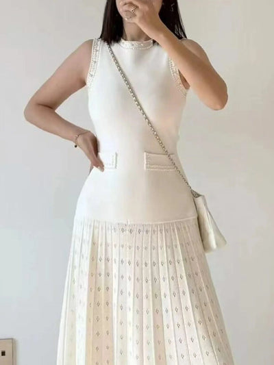 Women's summer dress with round neck and short sleeves with pearl decoration elegant party dress women's dresses trend 2025