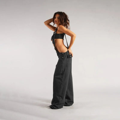 Jumpsuits Women Jeans Overalls Sexy Backless Vintage Full Length Denim Straight Pants Loose Pockets Distressed Washed Casual