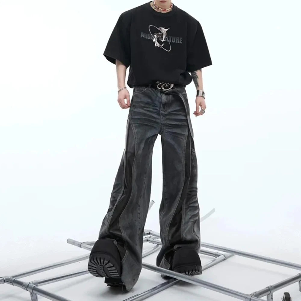 Mens Jeans Pu Leather Stitching Whisker Washed Wilderness Style Casual Pants Streetwear Fashion Personality Trousers Men'S Wear