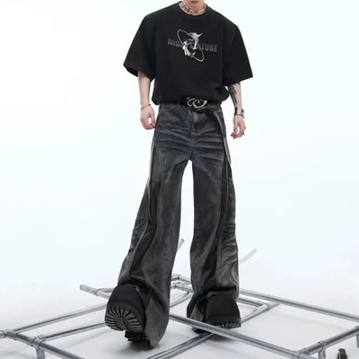 Mens Jeans Pu Leather Stitching Whisker Washed Wilderness Style Casual Pants Streetwear Fashion Personality Trousers Men'S Wear