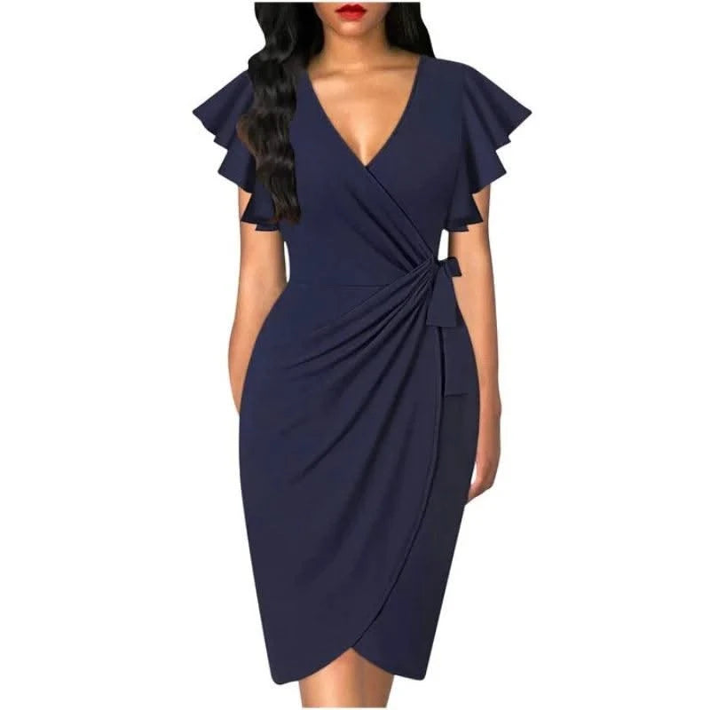 Sexy Summer Dress Cocktail Faux Wrap Deep V Neck Ruffle Sleeve Ruched Party Work Formal Wedding Dresses for Women