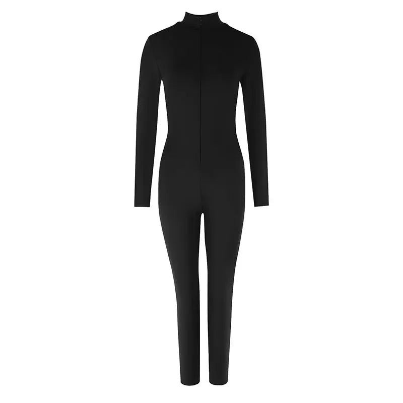 Women New Jumpsuits Spring Fashion Streetwear Long Sleeves Half High Collar Bodycon Striped Rompers Black Sexy Female Jumpsuits