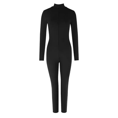 Women New Jumpsuits Spring Fashion Streetwear Long Sleeves Half High Collar Bodycon Striped Rompers Black Sexy Female Jumpsuits