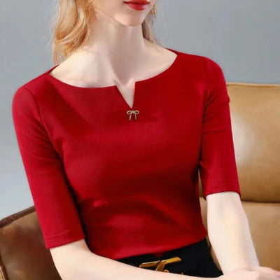 Women V-Neck Short Sleeve brooch decor Slim Red colour Blouse Tops