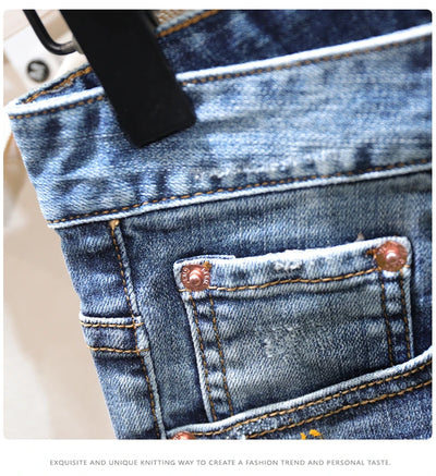 Men Fashion Denim Shorts Jeans New Summer Male Blue Ripped Jeans Shorts High Quality Man Paint Splash Technology Denim Shorts