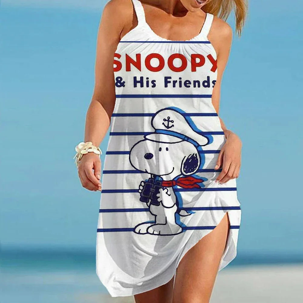 Snoopy Kawaii Women's Beach Dresses Leisure Boho Sanrio Elegant Chic Dress Sling Y2k S-3XL 2024 Summer Youthful Woman Clothes
