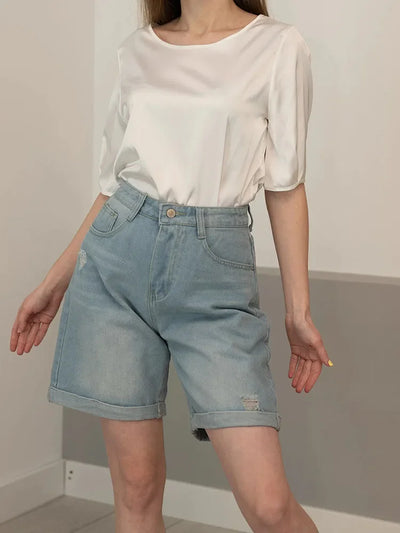 Women Denim Shorts Ripped Wide Leg Black High Waist Short Jeans Straight Leg Blue Denim Shorts For Women Summer Jean Shorts