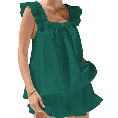 Womens Summer Solid Color 2 Pieces Set Ruffle Sleeveless Sling Square Collar Vest Shorts Tank Top Outfits Lounge Matching Sets
