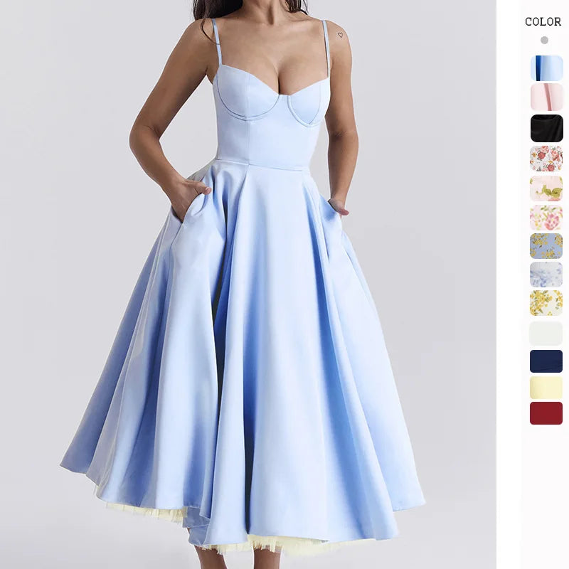 Summer haute couture Princess dress French mesh big swing double strap dress woman