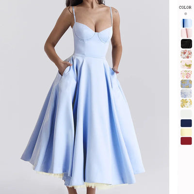 Summer haute couture Princess dress French mesh big swing double strap dress woman