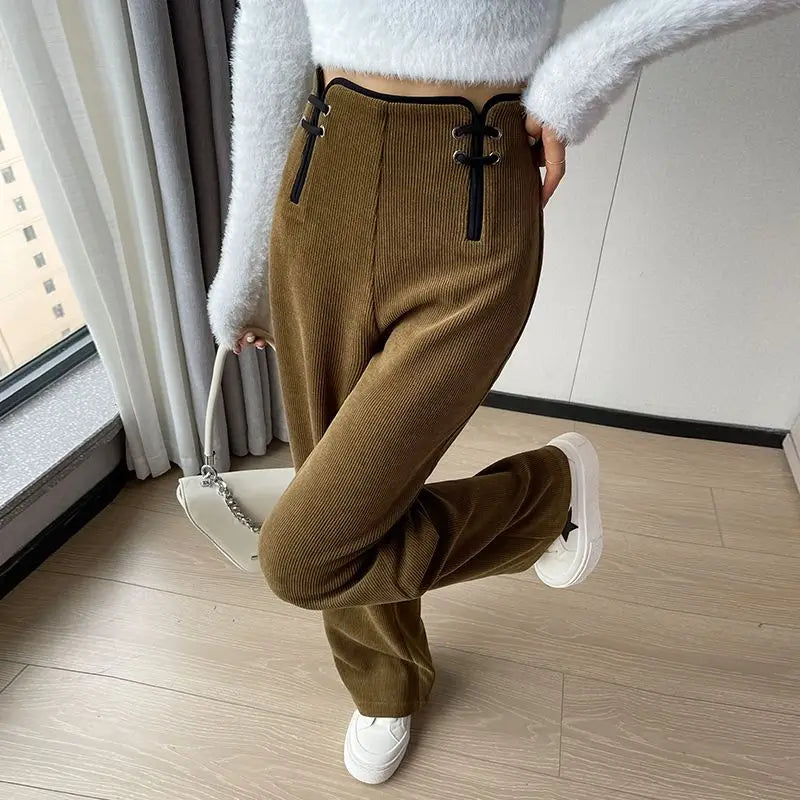 Women's Wide-leg Pants Autumn Winter Trousers New Chinese Style Folding High Waist Drooping Casual