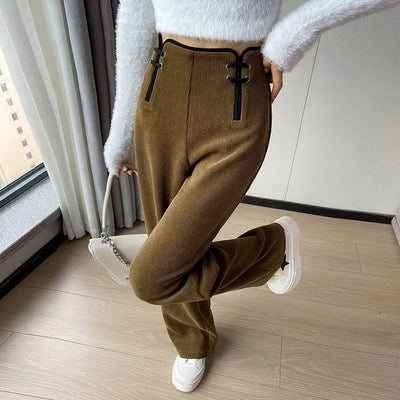 Women's Wide-leg Pants Autumn Winter Trousers New Chinese Style Folding High Waist Drooping Casual