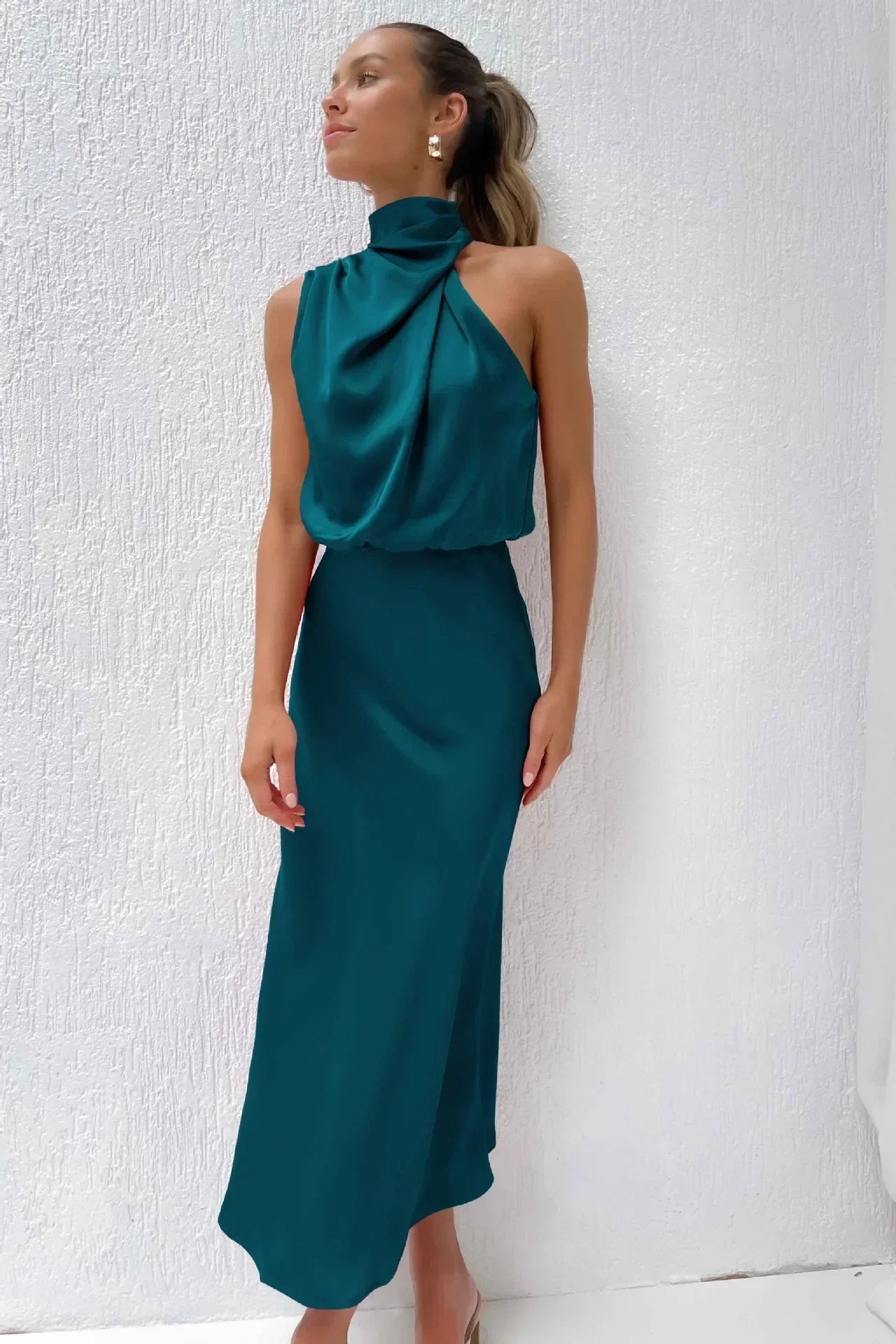 2025 Spring/Summer Long Dress for Women High Waist Halter Satin Sleeveless Dress Fashion Elegant Solid Evening Party Dresses