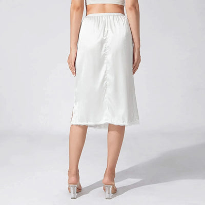 Women's Half Slips Elastic Waist Solid Color Satin Underskirt Lace Trim Skirt Under Dresses Bottoming Mini Slip Dress Petticoat