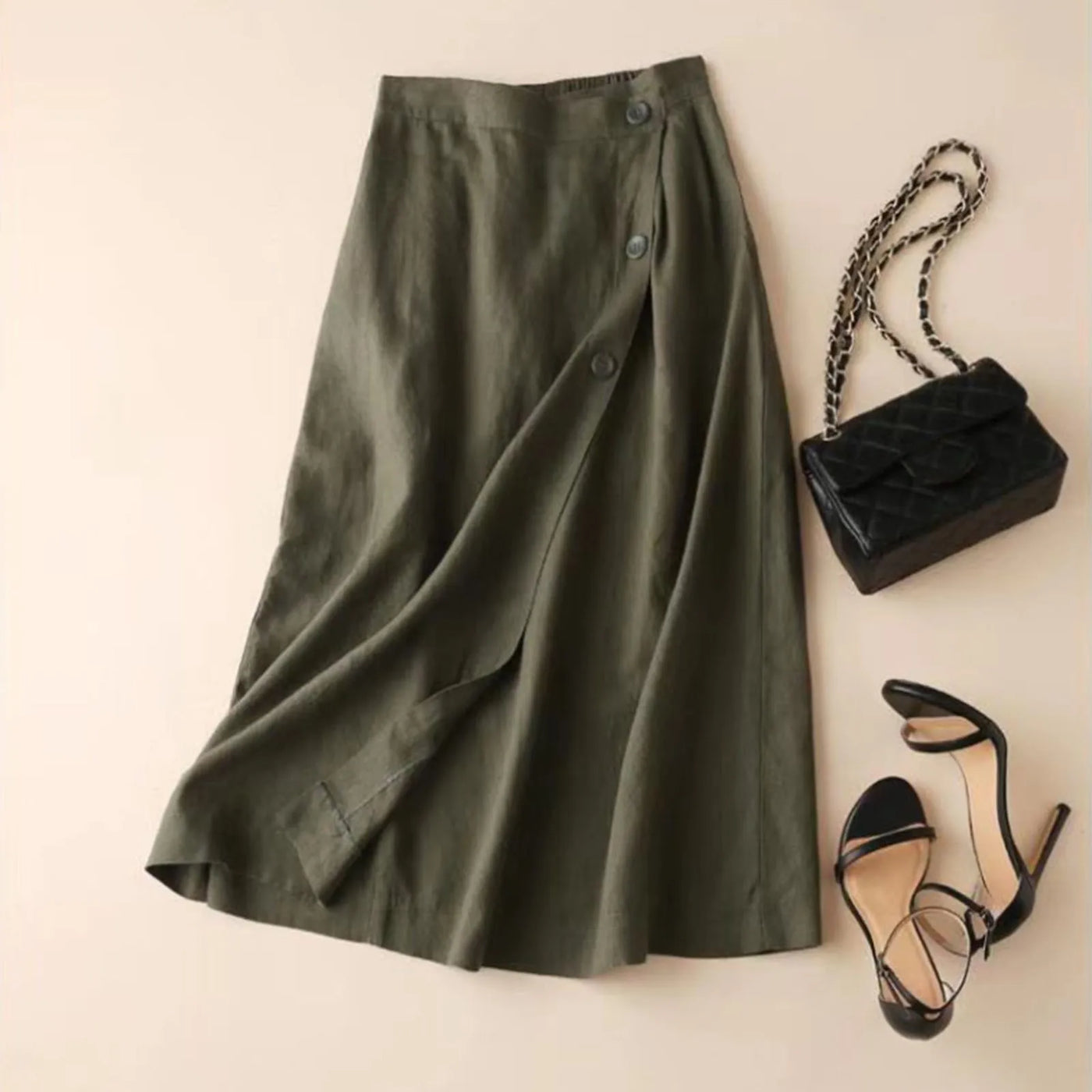 Women's Casual A-Line Skirt Summer Cotton and Linen Mid-Length Back Elastic Waist Button Large Swing Skirt Trendy Matching Skirt