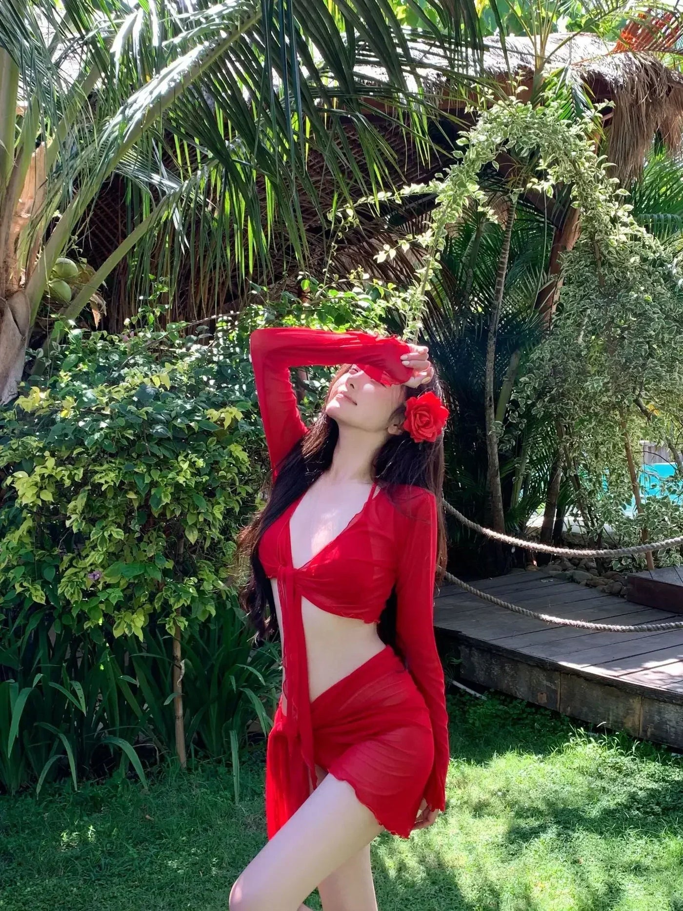 Women Swimwears Red 4 Piece Set Summer Sexy Swimwears Bikinis Set Beach Style Swimwear Elegant Vacation Swimwear Bikinis Set