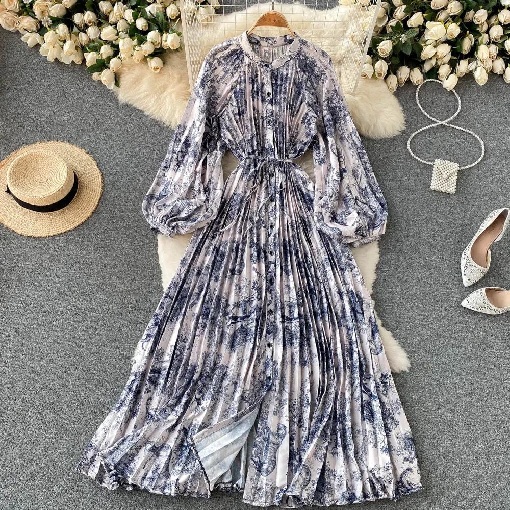 Retro Print Elegant Pleated Lace-up Chiffon Long Sleeve Dress A-line Blouse French Casual V-neck High Waist Women Summer Dresses