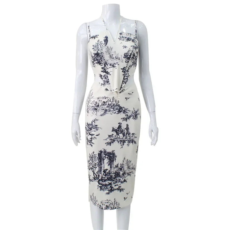 Elegant Casual Printed Tracksuits for Women 2 Piece Sexy Fashion Slash Neck Sleeveless (Tops+Skirt) Slim Fit Hip Wrap Female Set