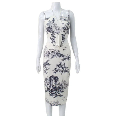 Elegant Casual Printed Tracksuits for Women 2 Piece Sexy Fashion Slash Neck Sleeveless (Tops+Skirt) Slim Fit Hip Wrap Female Set