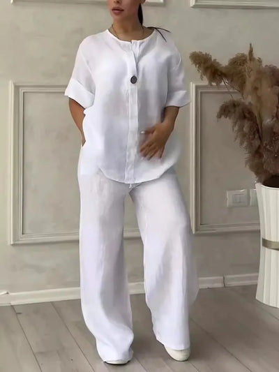 Comfortable Loose Cotton Linen Women's two pieces set Top Wide Leg Pants Casual  Fashion Set Suits Spring Summer Wear Outfits