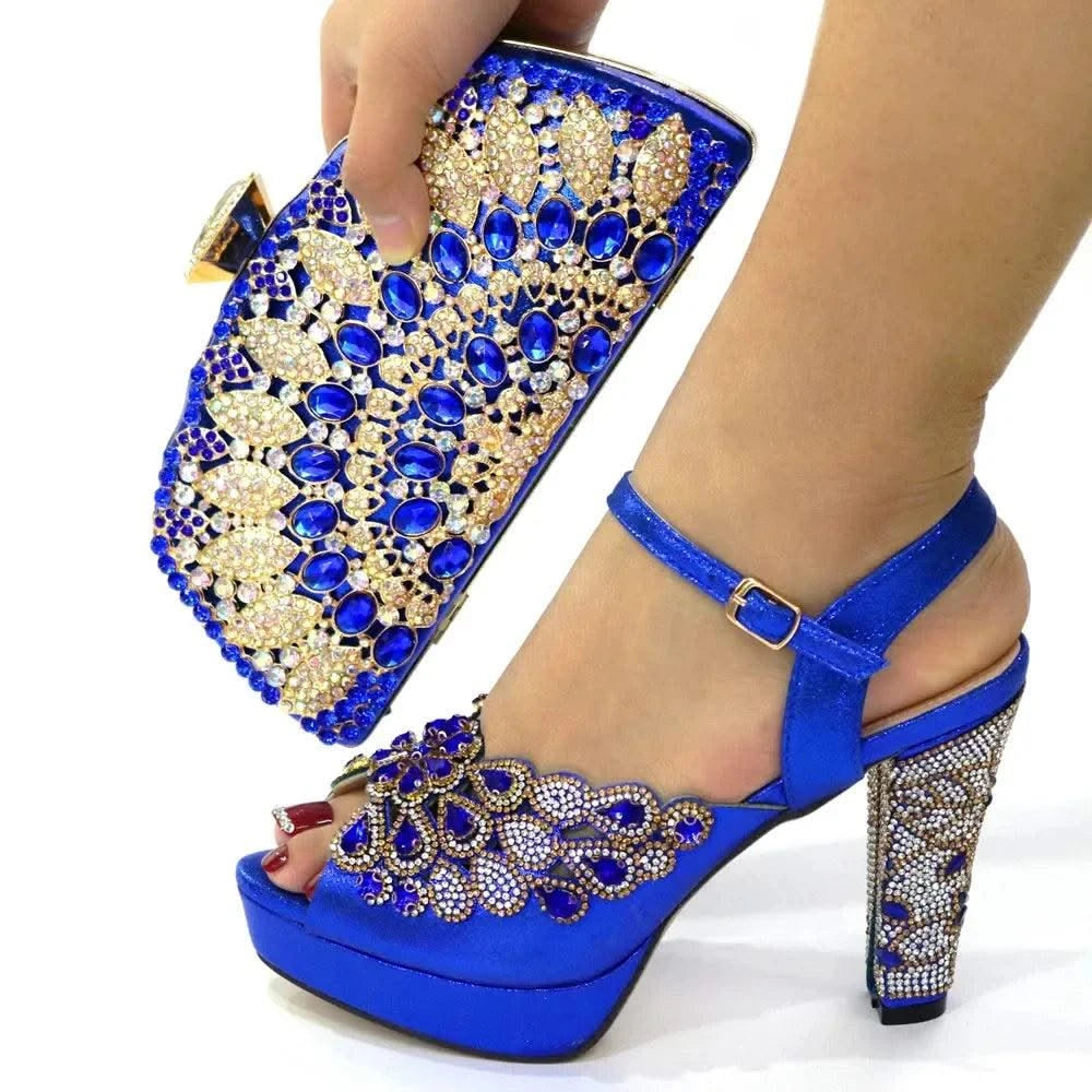 Embroidery Italian Design Pointed-Toe High-heeled Shoes and Bags Set for Women