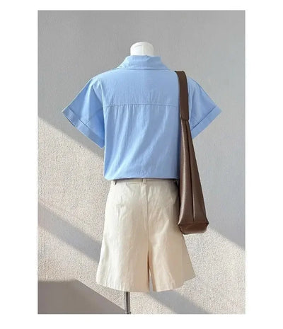 Women Clothing Summer Fashion Casual Button Solid Color Polo Collar Female Simplicity Temperament Appear Thin Short Sleeve Tops