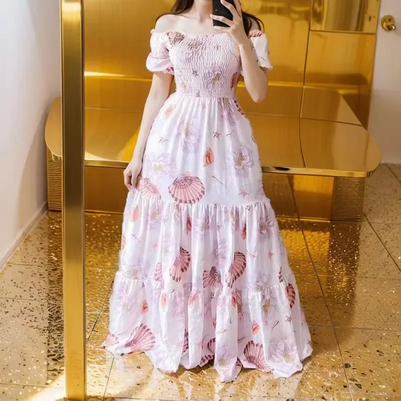 Summer Dresses for Women Print Off Shoulder Broken Flower Open Shoulder Long Dress Streetwear