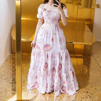 Summer Dresses for Women Print Off Shoulder Broken Flower Open Shoulder Long Dress Streetwear
