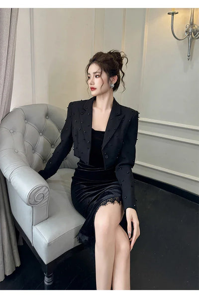 Fashion Chic Women's Blazer Office Lady Bright Black Long Sleeve Short Casual Party Coat Ladies Outerwear Stylish Cropped Tops