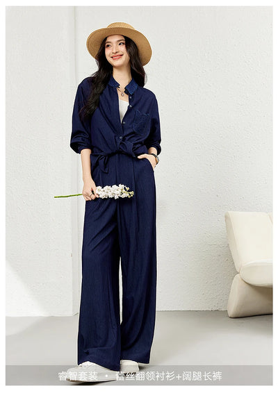 VIMLY Navy Blue Denim Suit Women's 2025 Autumn Outfits Vintage Lace Polo Collar Shirt Wide Legs Pants Ladies 2 Piece Sets A2526