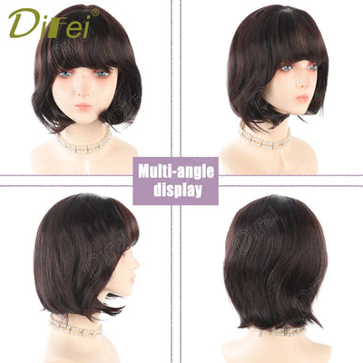 DIFEI Slightly Curly Short Synthetic Wig For Women Fresh Natural Short Wig With Straight Bangs Suitable For Daily Wear