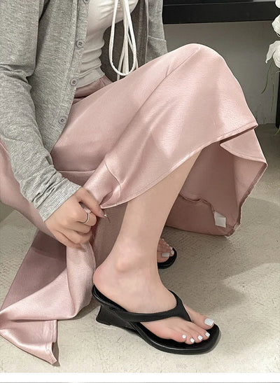 Women High-heeled Slippers 2025 Summer Clip Toe Flip Flop Fashion Pumps French Wedge Sandals Square Toe Ladies Shoes Sandalias