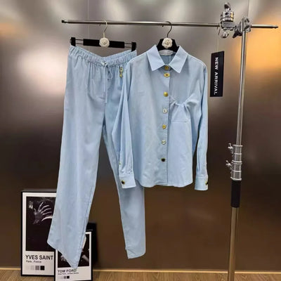 VGH Chic Spliced Metal Buckles Two Piece Set for Women Lapel Long Sleeve Top High Waist Patchwork Drawstring Pants Suit Female
