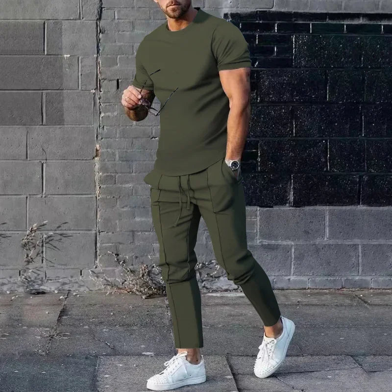 Mens Suit Summer Two-piece Suit Short-sleeved T-shirt Casual Fashion Trousers Sets for Men