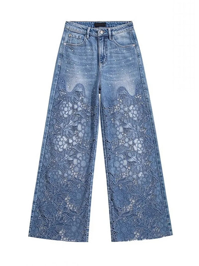 Summer Women Lace Floral Embroidery Wide Leg Denim Pants Spliced Loose Fit High Waist Hollow Out Jeans Streetwear Long Trousers