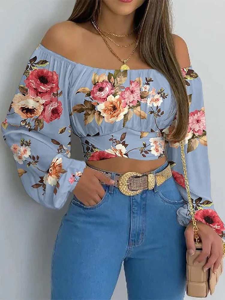 Women Sexy Off Shoulder Blouse Chic and Elegant Printing Lantern Long Sleeve