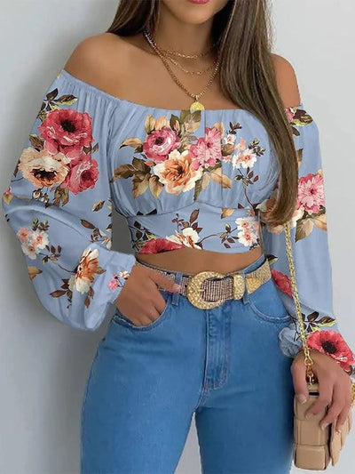 Women Sexy Off Shoulder Blouse Chic and Elegant Printing Lantern Long Sleeve