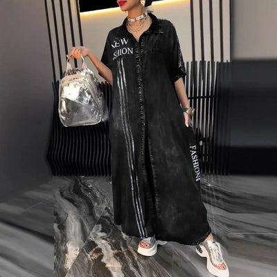 Denim Dress Women Long Dresses Letter Print Vestidos Single Breasted Turn Down Collar Distressed Maxi Gown Summer A Line 2025