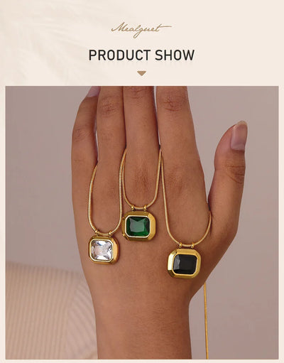 Square Solitaire Pendant Cubic Zirconia Necklace for Women, Stone Snake Link Adjustable, Stainless Steel Jewelry