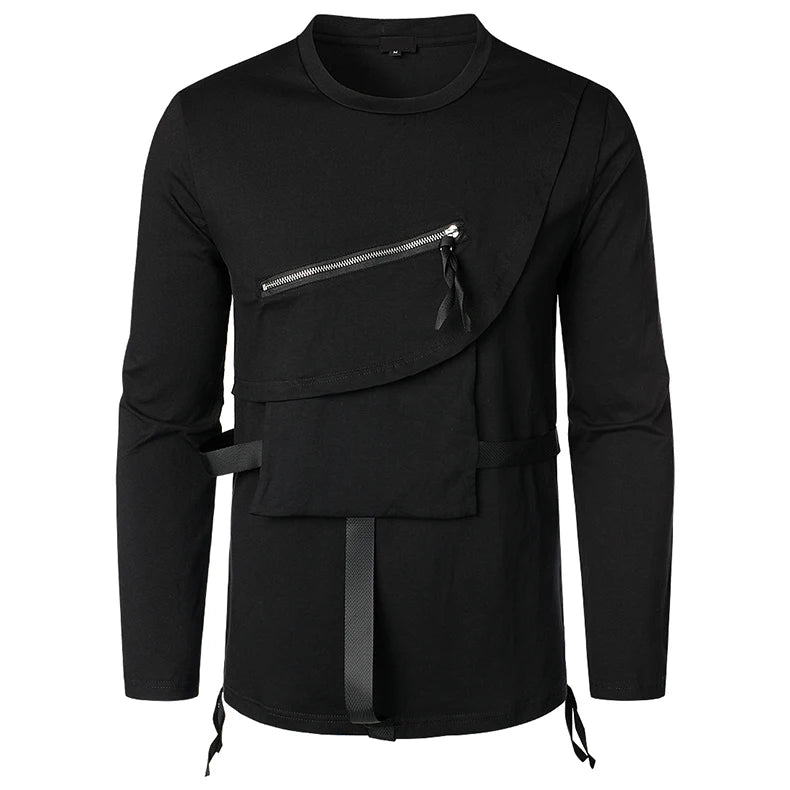 Men Clothing T Shirt High Street Streamer Functional Tactics Personalized Zipper Crewneck T-shirts Black Hip Hop Punk Camisetas