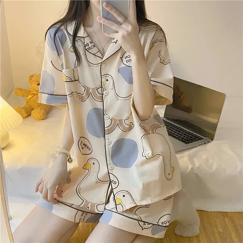 Women's Pajamas Loungewear Cartoon Goose Nightwear Homewear Ladies Tops and Pants V-Neck Sleepwear Comfortable and Breathable