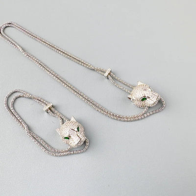 Designer Collection Fashion Luxurious Bracelet Long Necklace Men Women Lady Inlay Full Zircon Leopard Head Pendant Double Chain