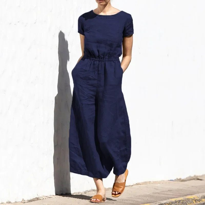 2025 Summer Short Sleeve Rompers Casual Loose Tighten Waist Solid Work Long Playsuit Elegant Women Jumpsuits Retro Overalls