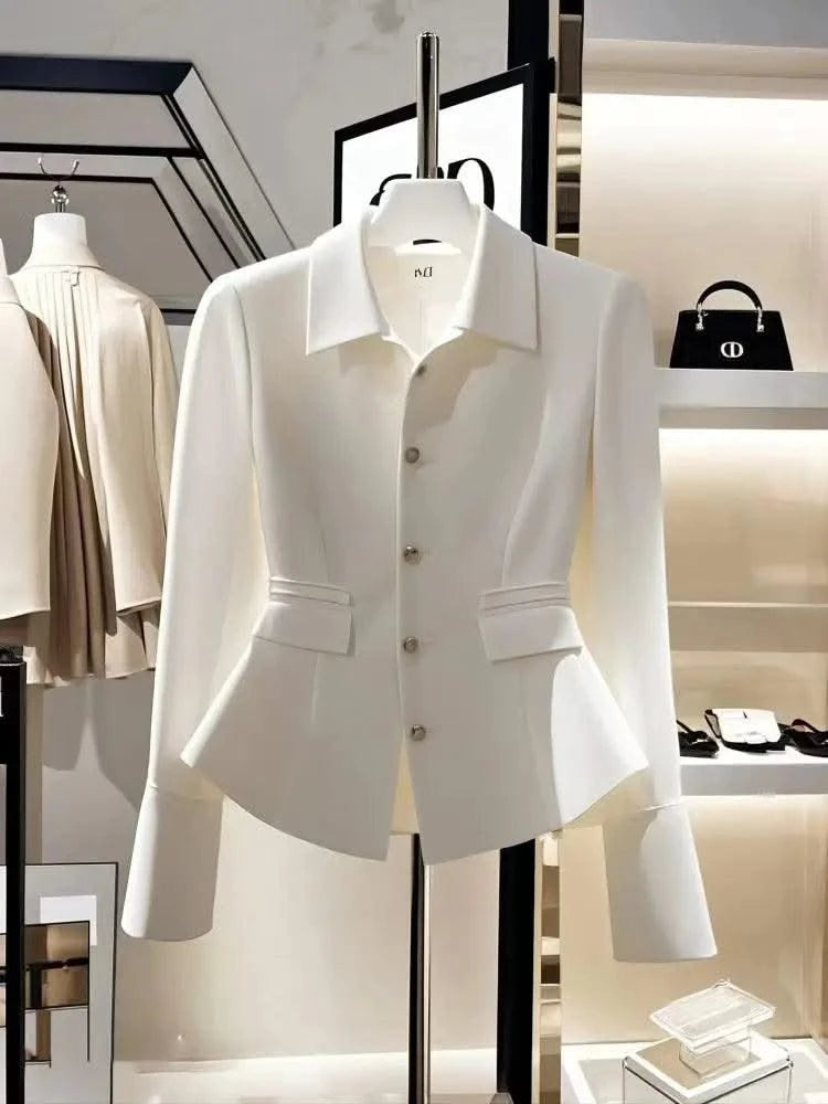 Luxury French High End Slim Single-breasted White Jacket Women Long Sleeve Casual Office Lady Coats Spring Autumn Korean Tops