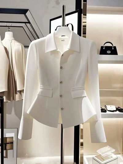 Luxury French High End Slim Single-breasted White Jacket Women Long Sleeve Casual Office Lady Coats Spring Autumn Korean Tops