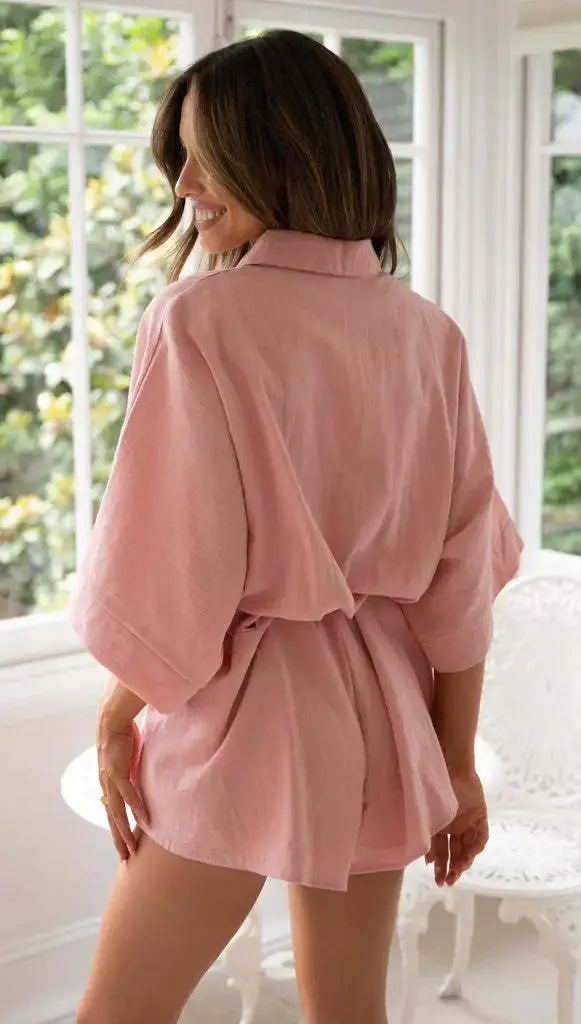 Women's Jumpsuit Spring/summer New Style With Collar Mid Sleeves Waist Strap Fashionable Loose Short Style Solid Color Jumpsuit